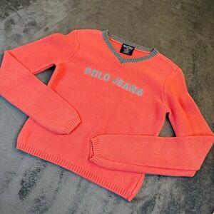 Polo Jeans Co Ralph Lauren Womens Small V-Neck Sweater Coral Pink Cotton Logo